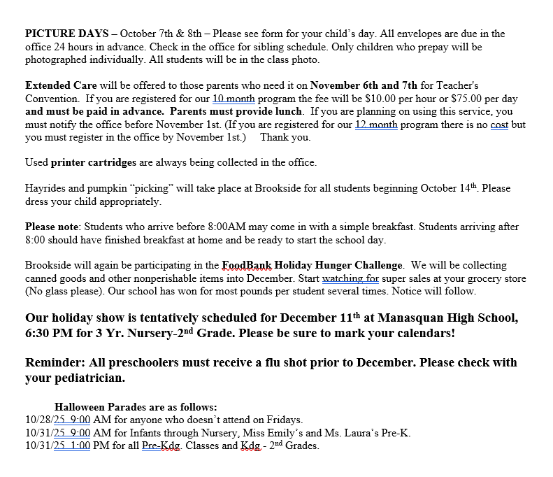 Text document with school announcements and calendar dates for parents.