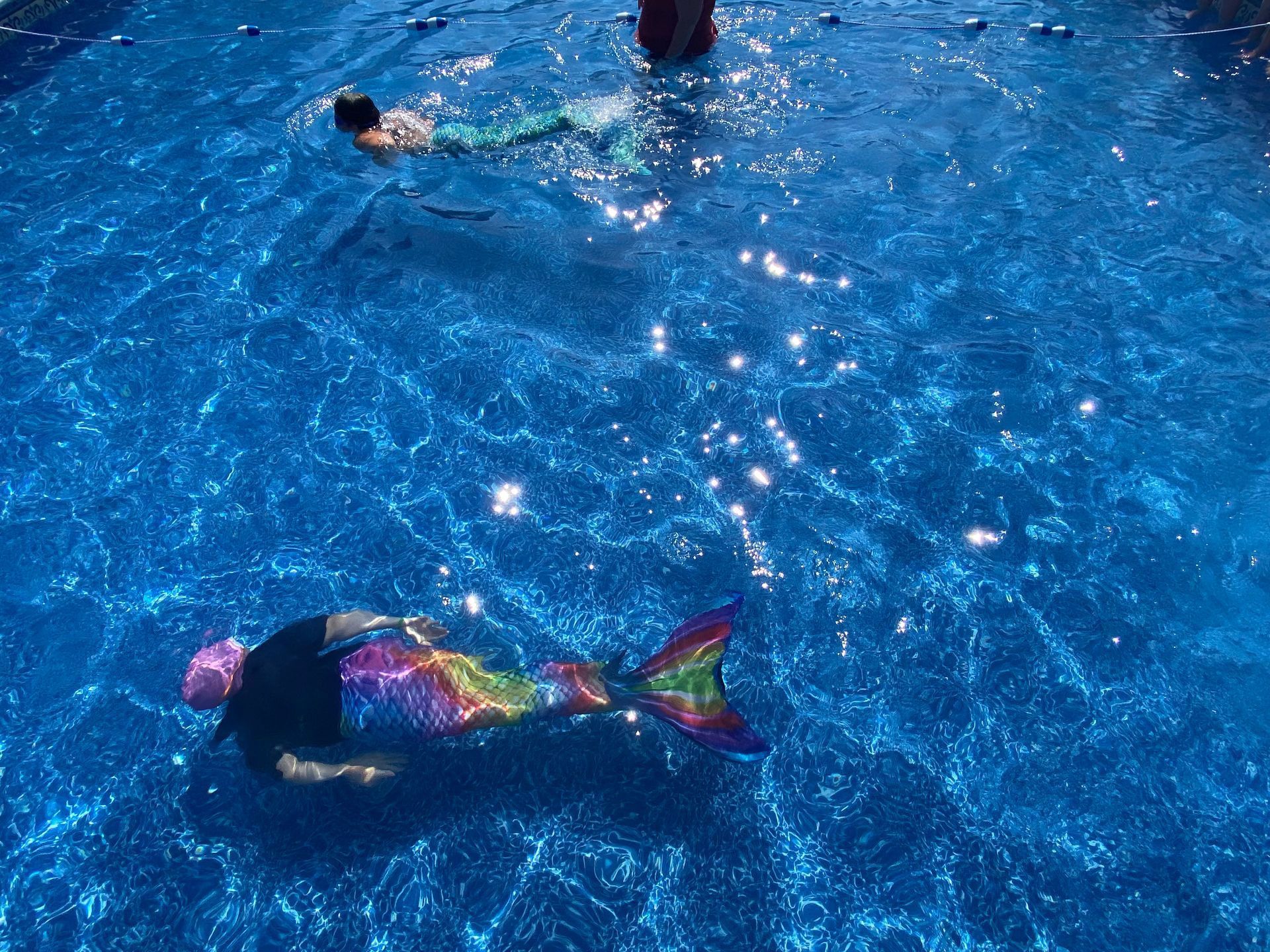 A group of mermaids are swimming in a pool.