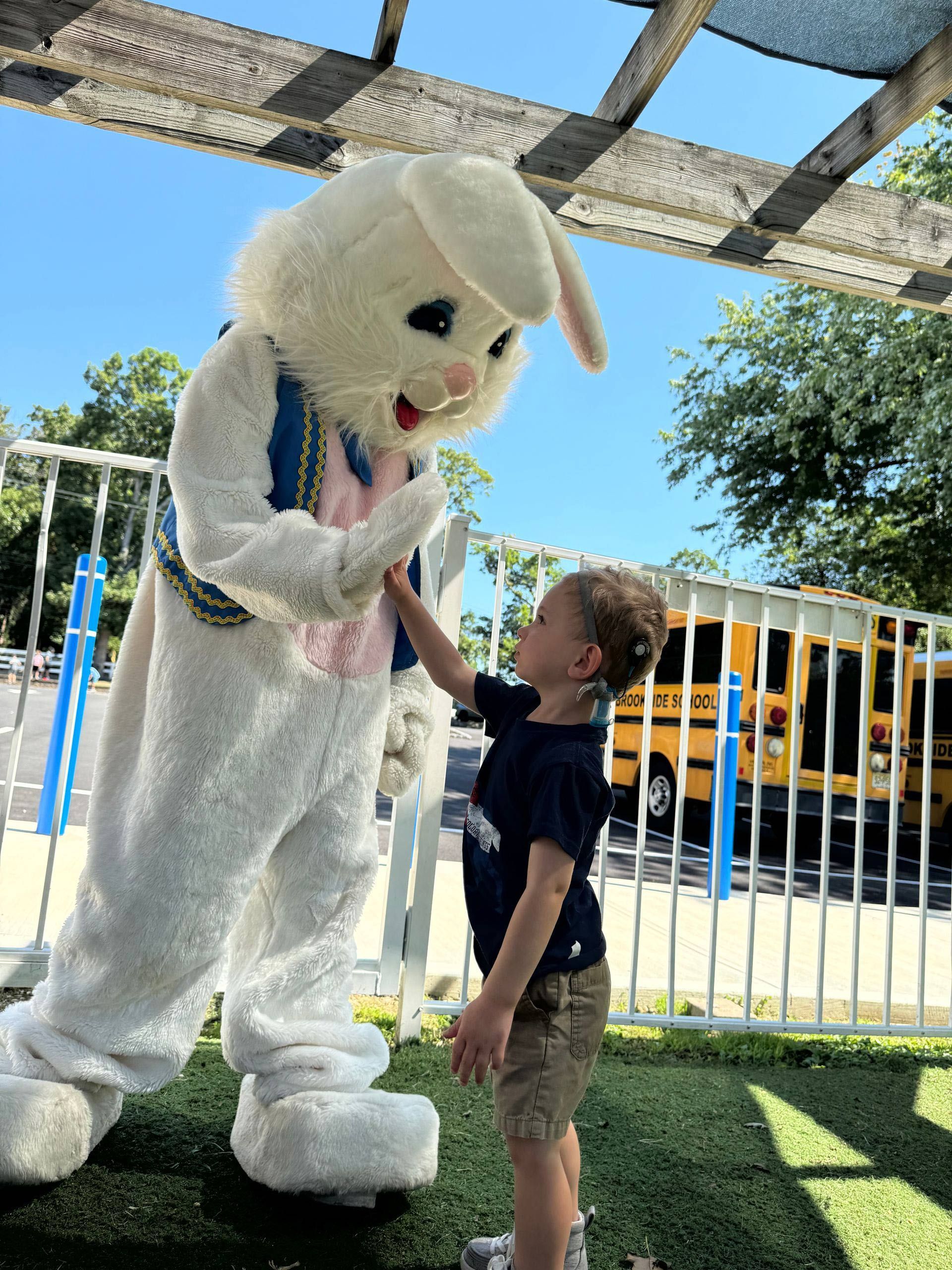 A little boy is petting a white bunny mascot.