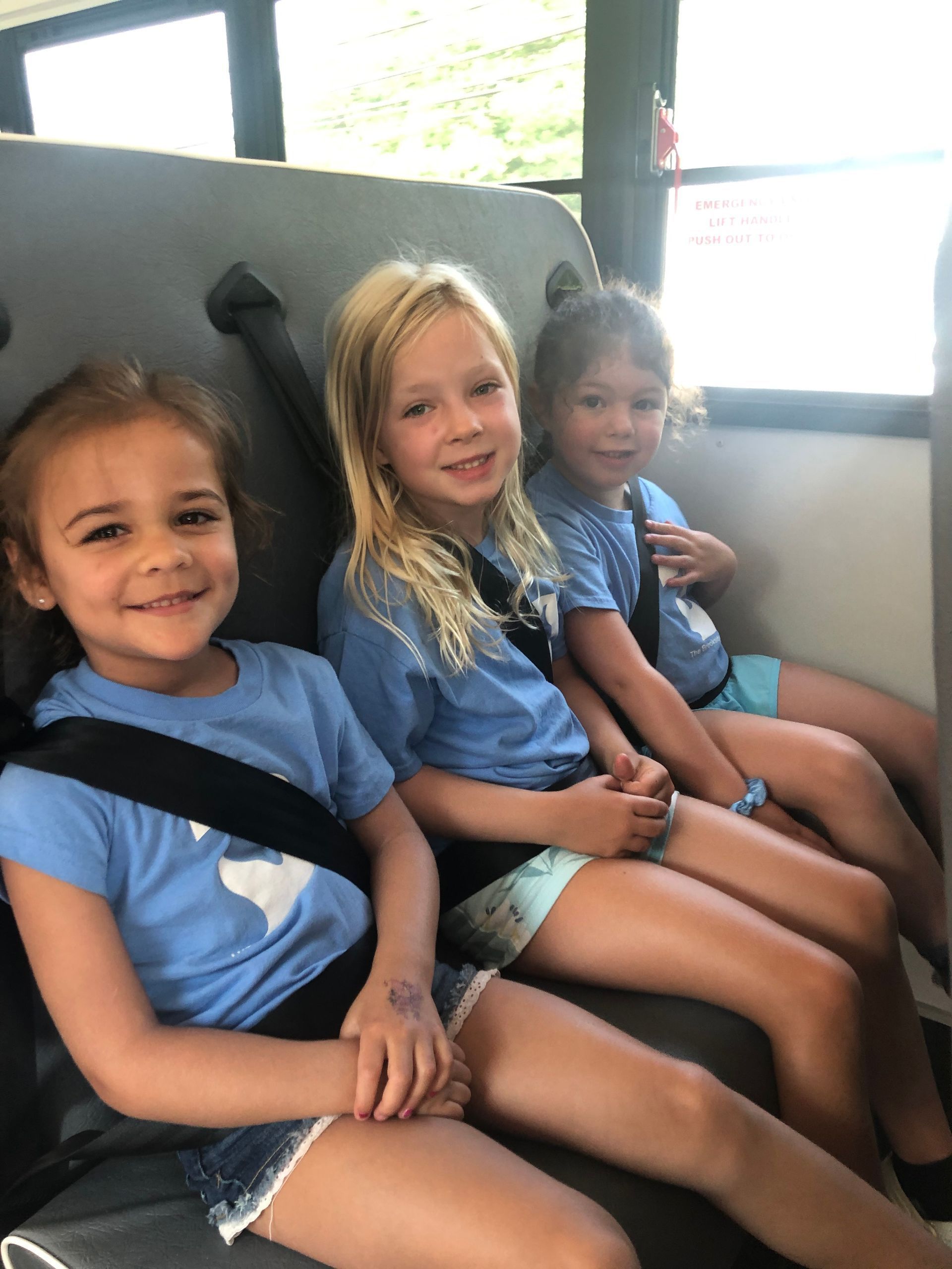 Three little girls are sitting on a bus wearing seat belts.