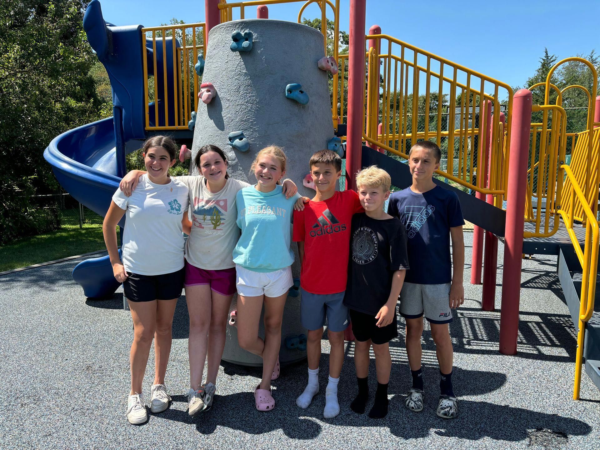 A group of children are posing for a picture in front of a playground.