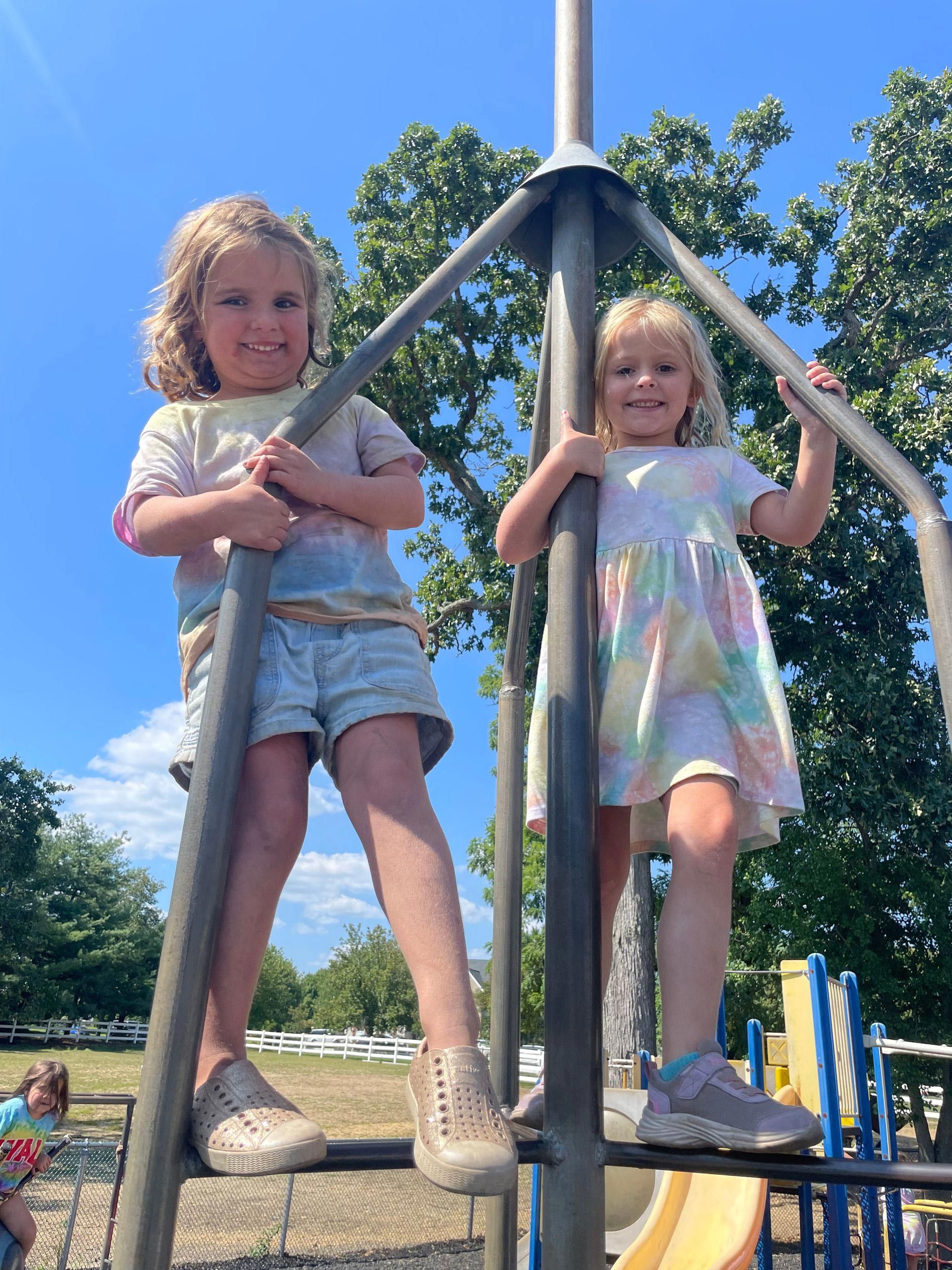 Two little girls are playing on a playground.