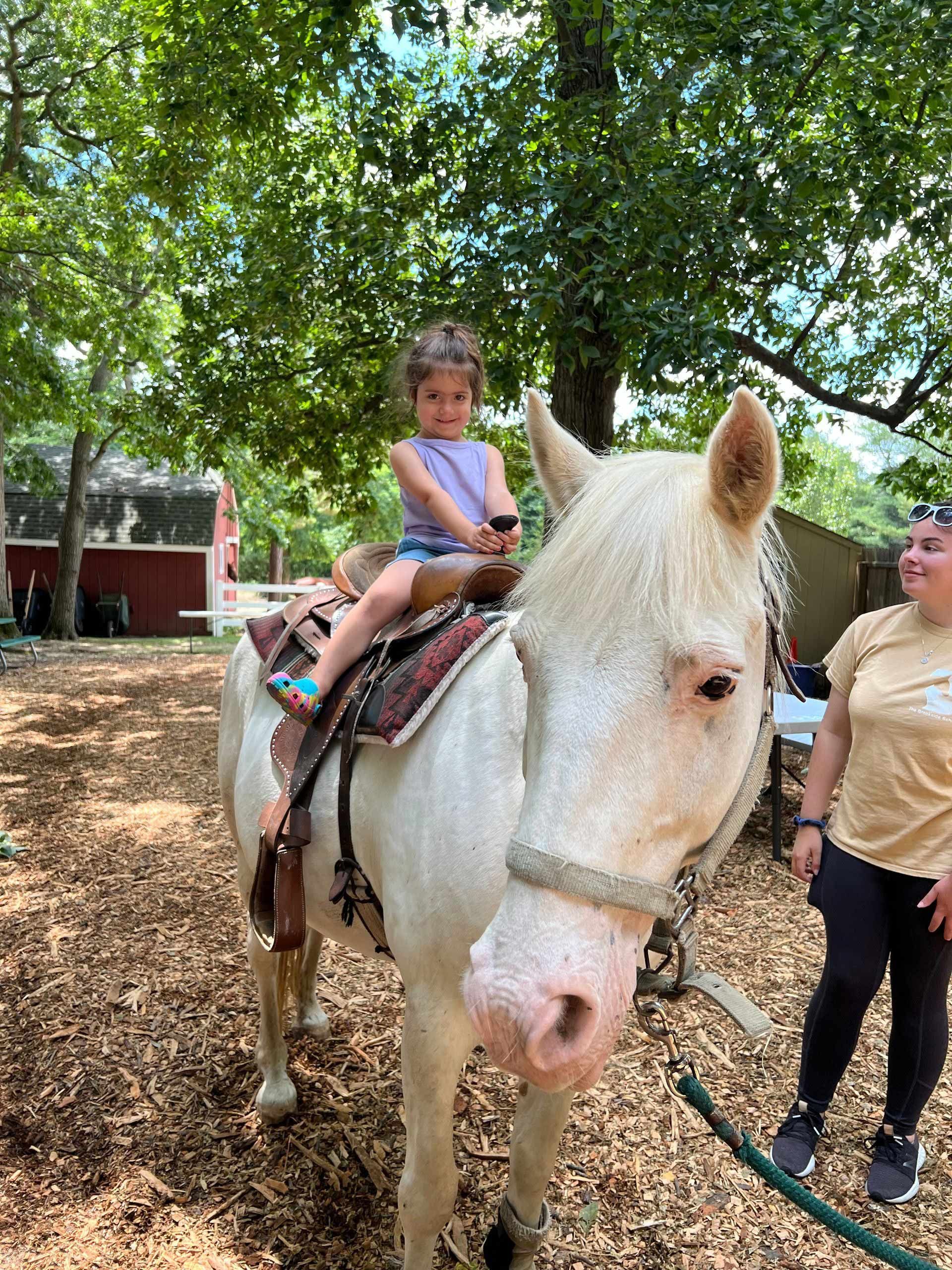 A little girl is riding on the back of a white horse.