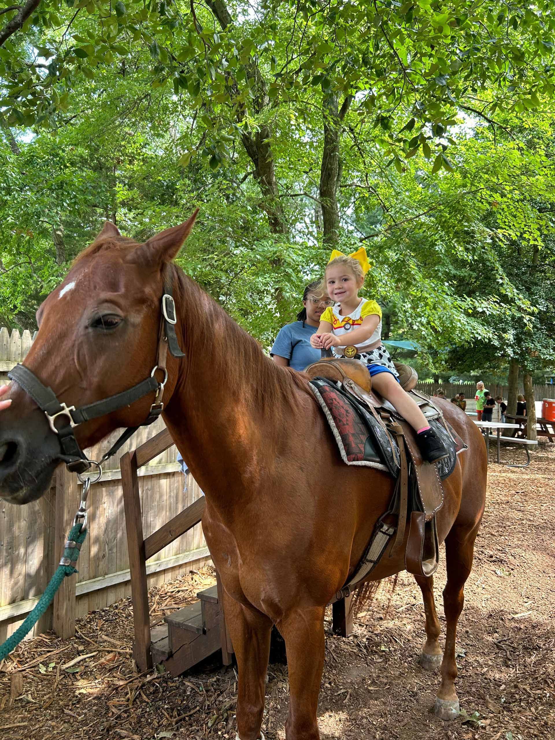 A little girl is riding on the back of a brown horse.