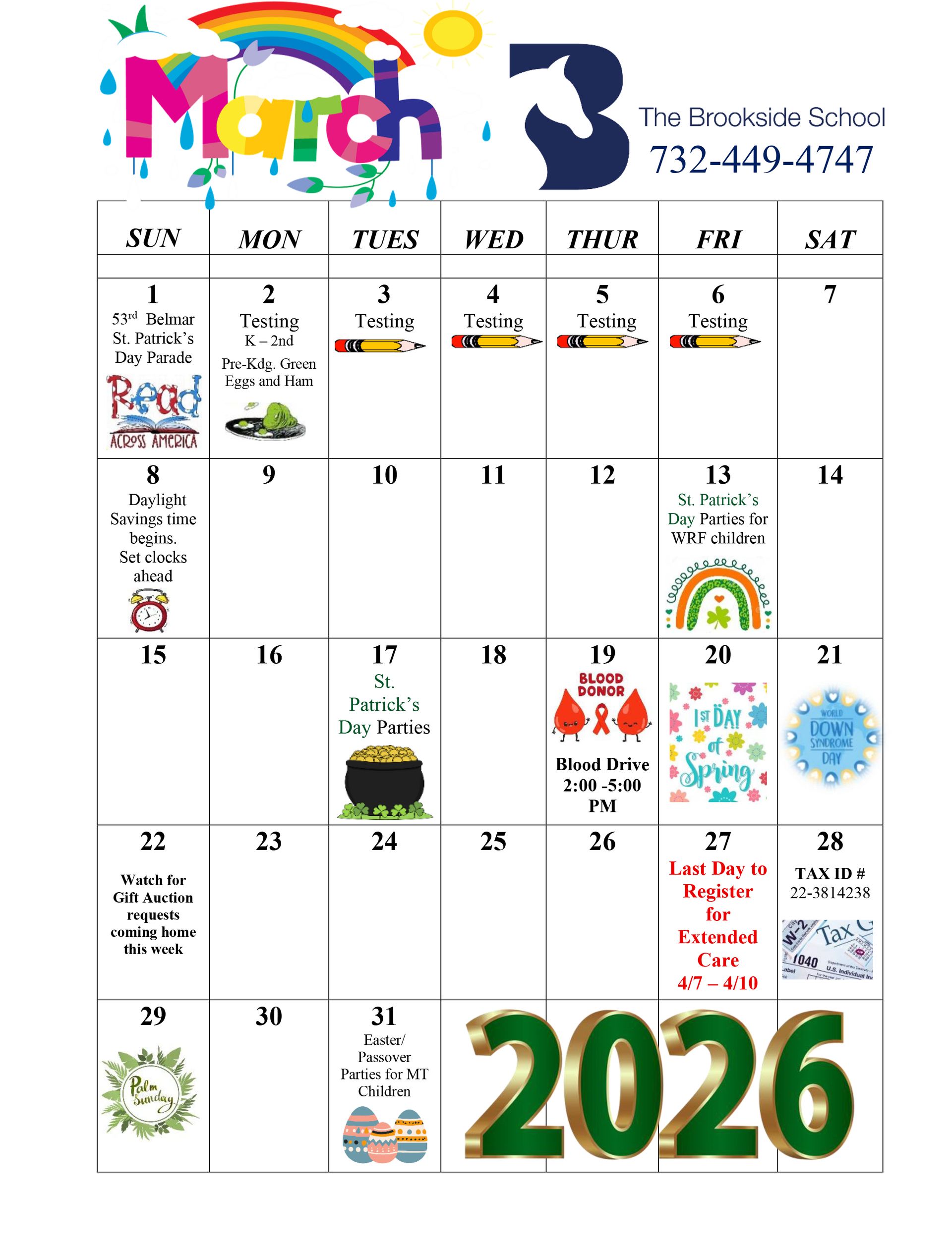 March 2026 calendar with colorful events. The calendar is for The Boro School, with a phone number.