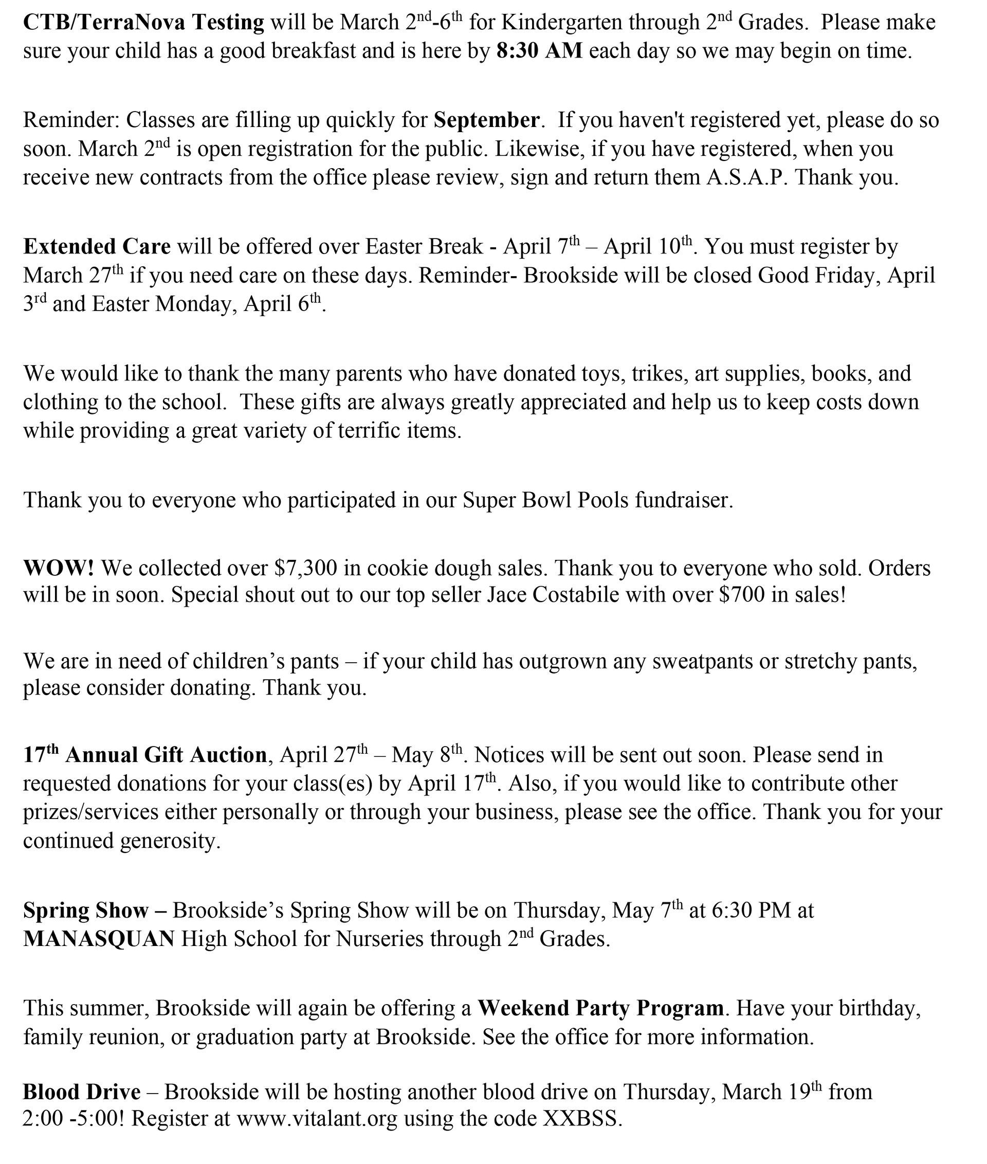 Text announcement regarding upcoming events, activities, and closures.