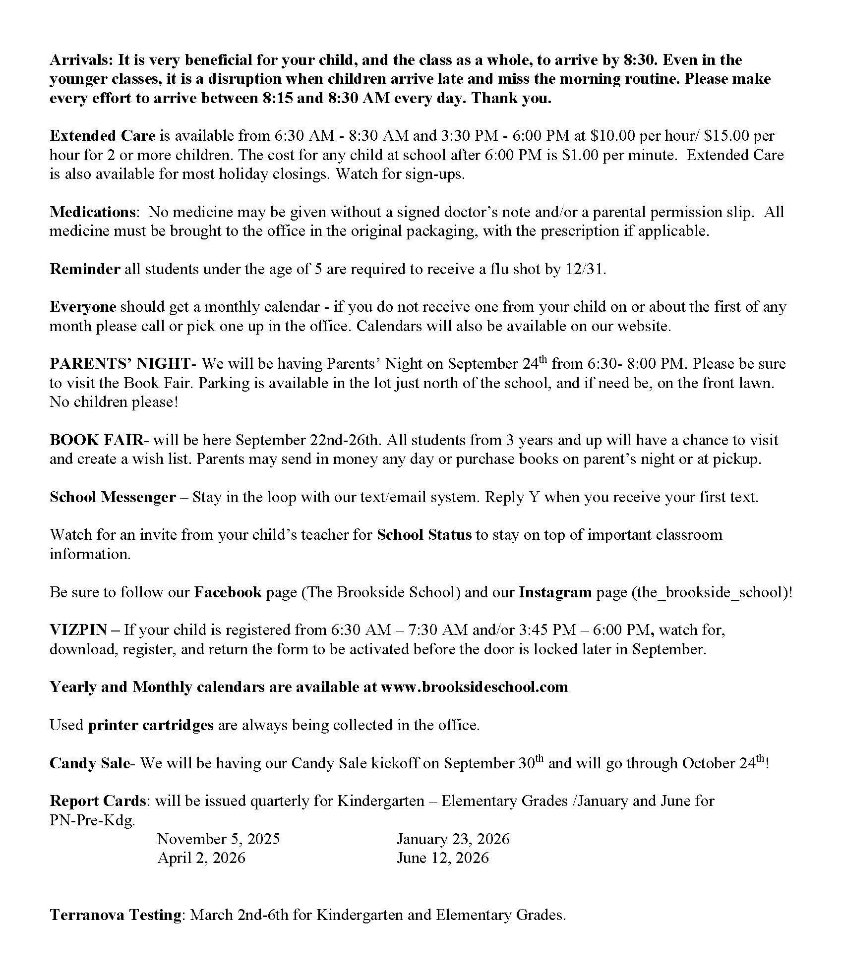 Text document with school announcements and calendar dates for parents. Text document with school announcements and calendar dates for parents.