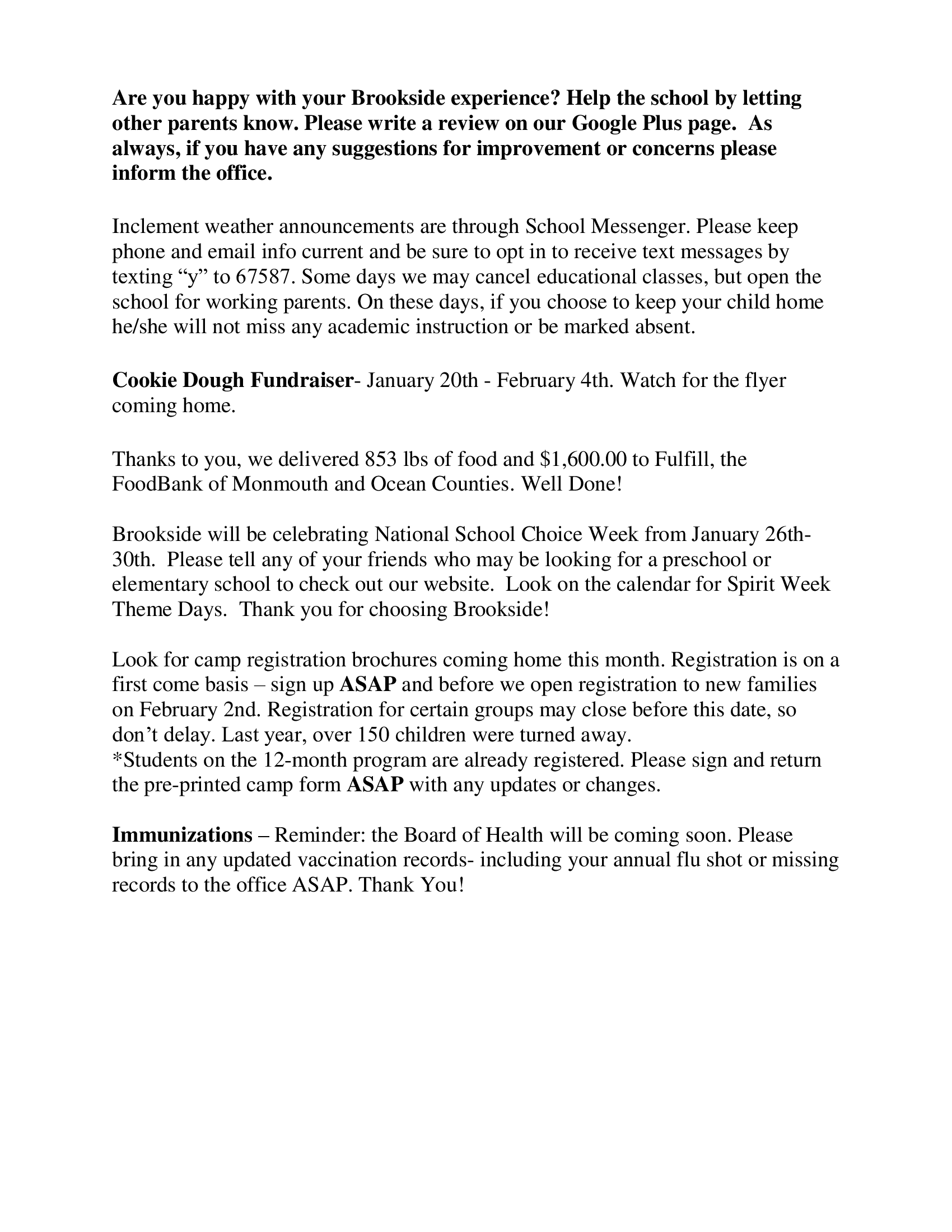 Text document announcements January 20th - February 4th. Watch for the flyer coming home.