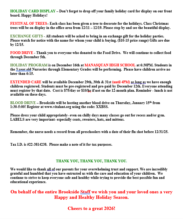 Text document with school announcements and calendar dates for parents.