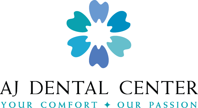 Logo for AJ Dental Center featuring a flower made of teeth shapes in blue hues. Text: 