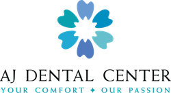 Logo for AJ Dental Center featuring a flower made of teeth shapes in blue hues. Text: 