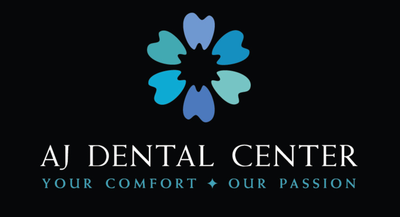 Logo for AJ Dental Center: flower made of teeth shapes in blues, white text on black background.
