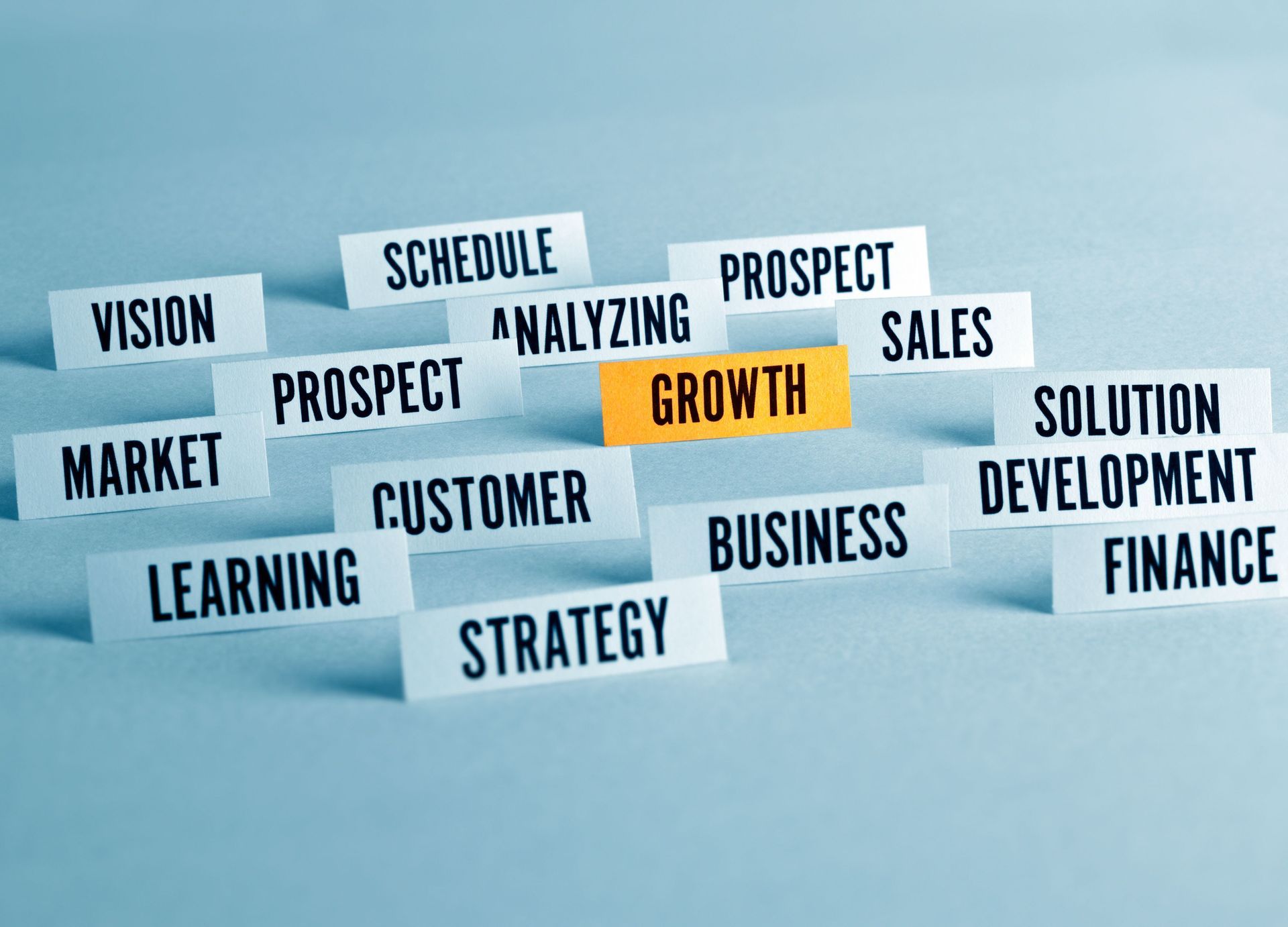Business concept with keywords like growth, strategy, vision, customer, and development displayed on