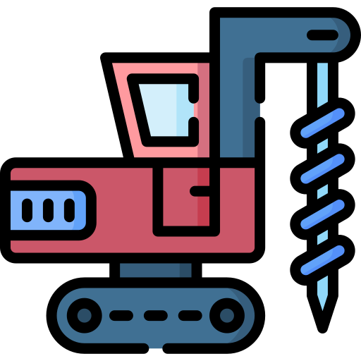 Red and blue drilling machine with a large auger, on a construction site.