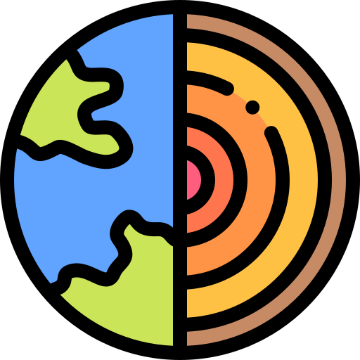 Cross-section of Earth, showing the core, mantle, and crust, with continents and ocean.