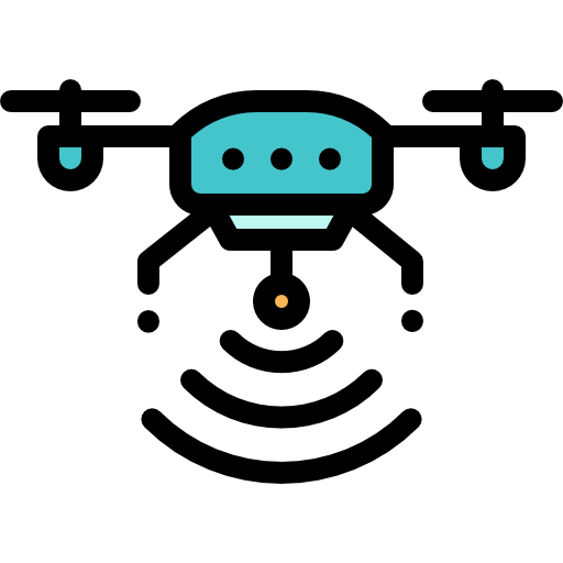 Blue drone with camera emitting signal waves.