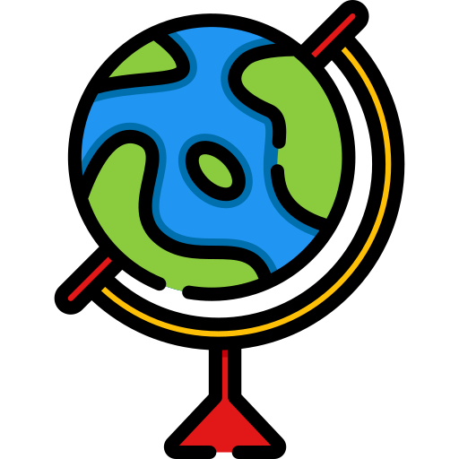 A colorful globe with blue oceans and green land, on a red and yellow stand.
