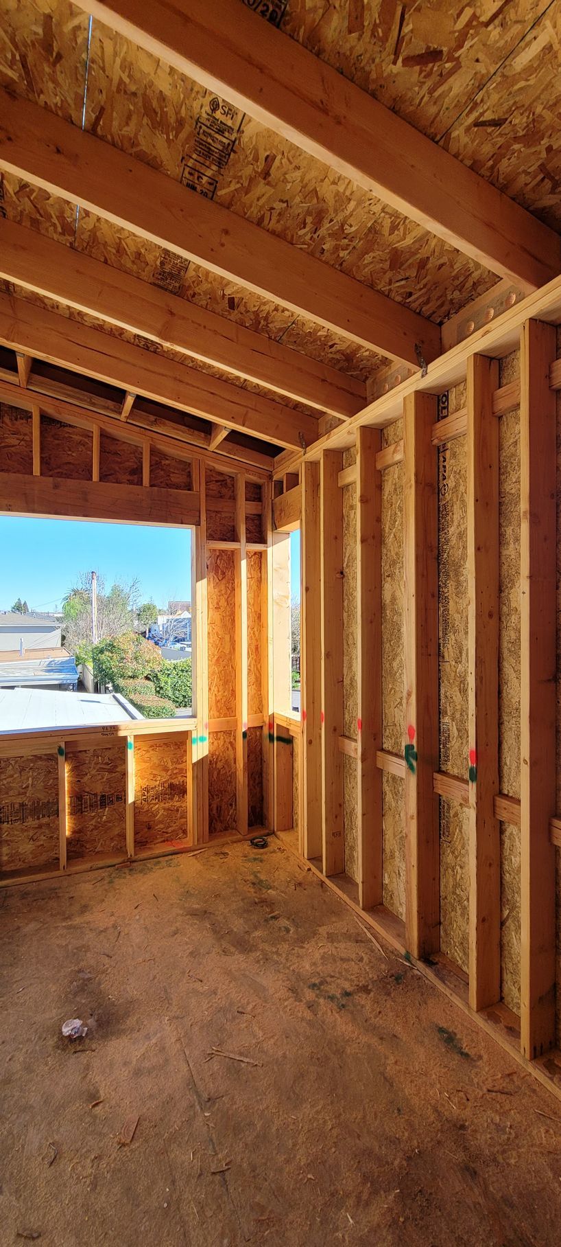 Interior of a wooden house under construction. 