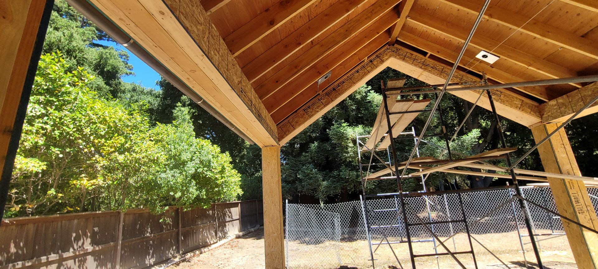 Wooden structure under construction, scaffolding inside, trees outside.