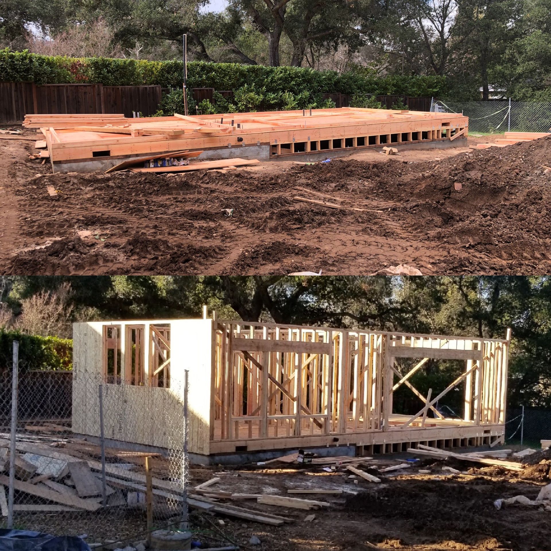 Two-panel construction progress: wooden foundation and framing on a dirt lot.