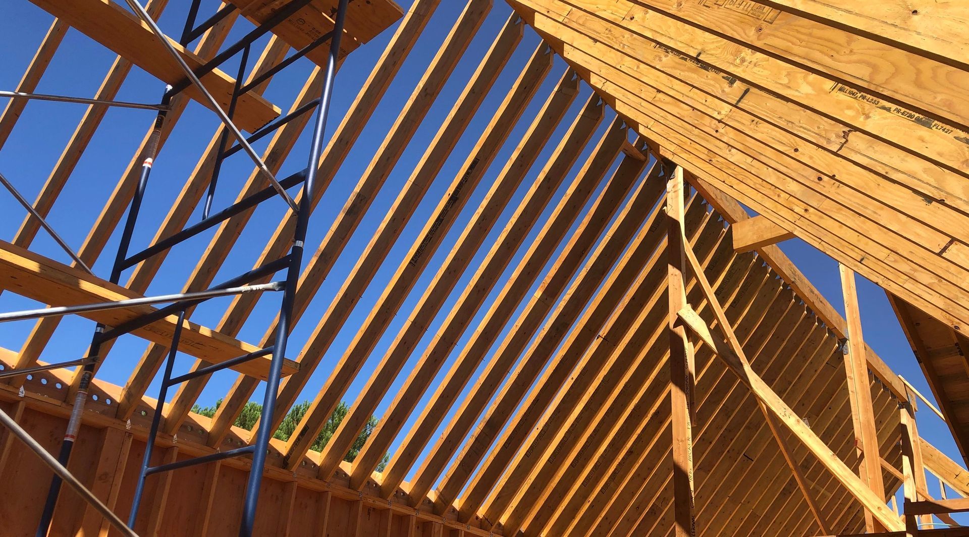 Wooden roof frame under construction against a blue sky, supported by scaffolding.