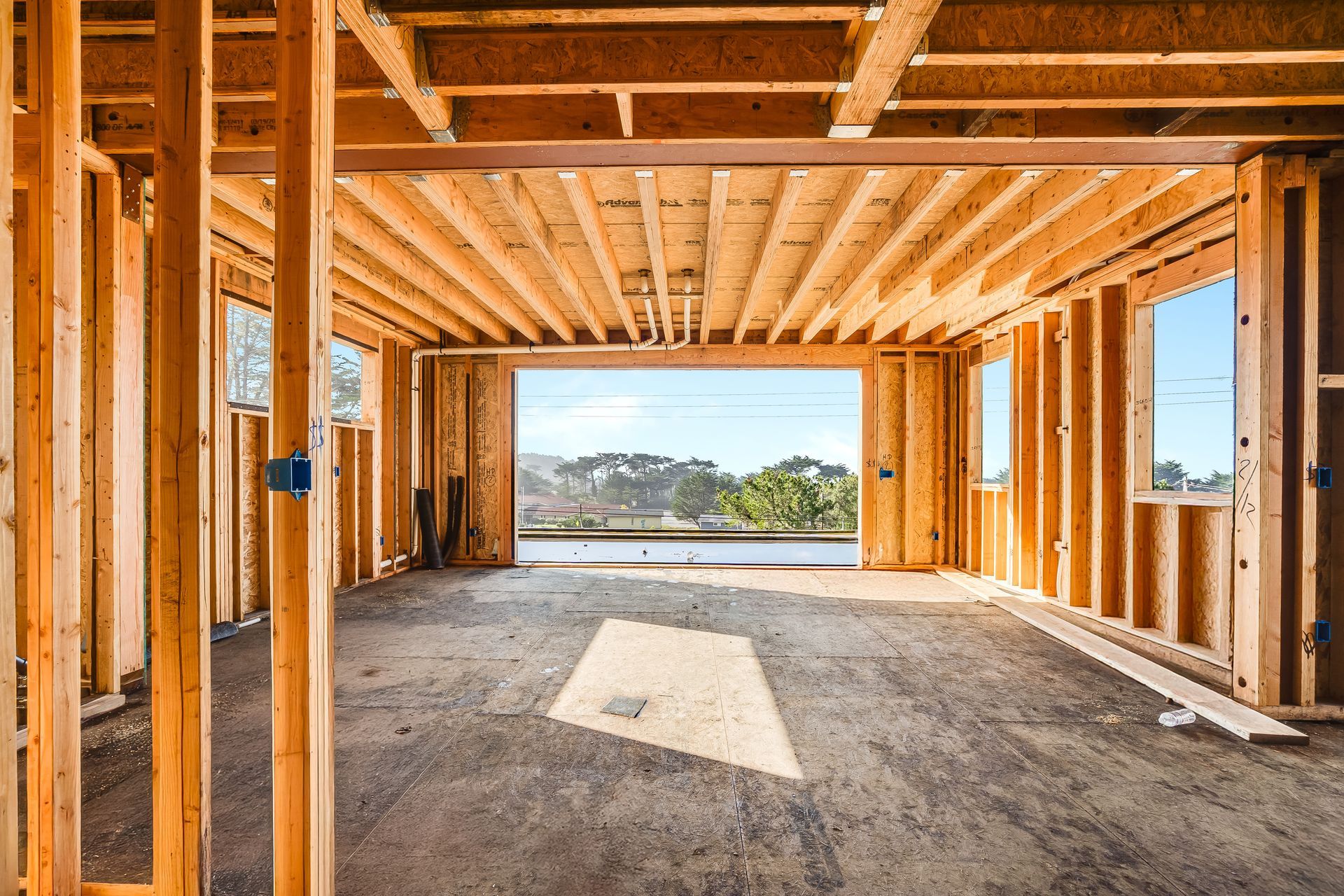 Interior of a building under construction, wooden frame.