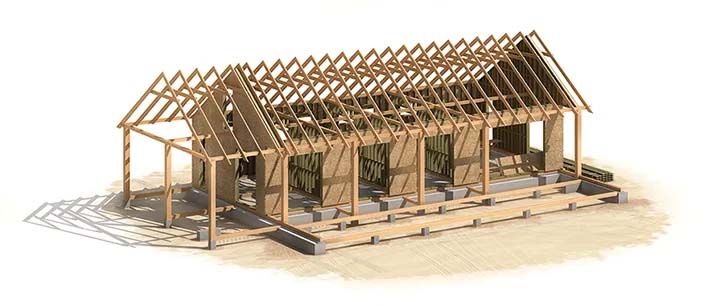 Wooden house frame under construction.