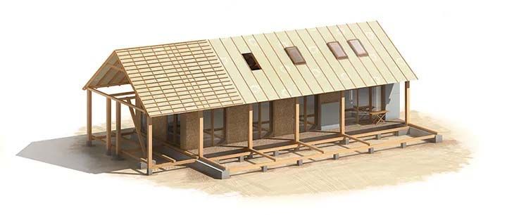 A partially constructed house with a wooden frame and roof.