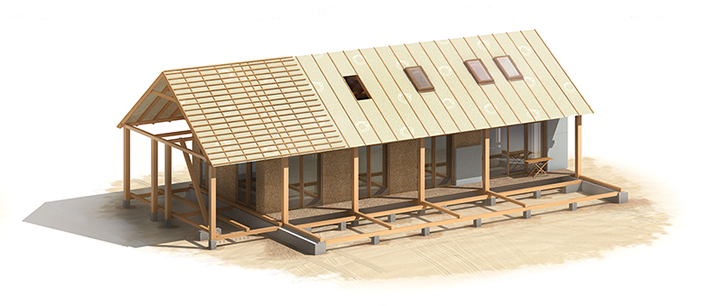 Illustration of a partially constructed house with an exposed wooden frame and roof.