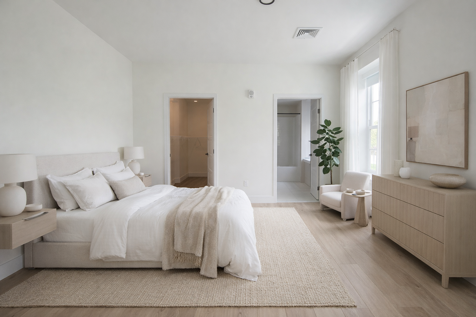 Large airy bedroom with large bed, tall houseplant, dresser, walk-in closet, and en-suite bathroom