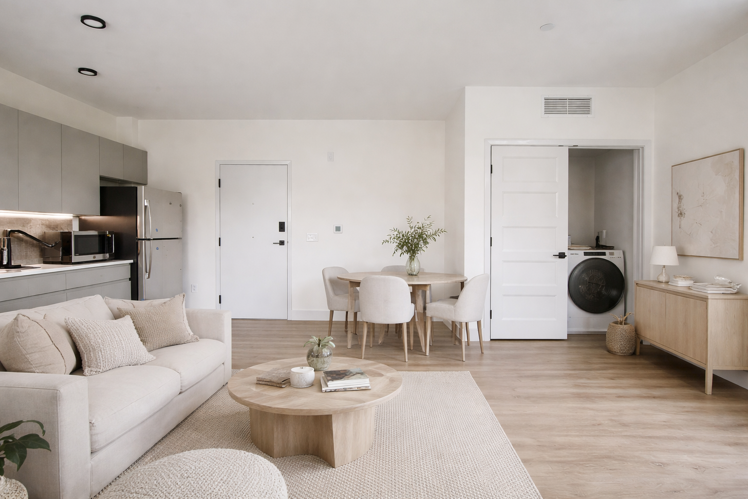 Open concept apartment with airy modern furniture setting, and in-unit washer/dryer