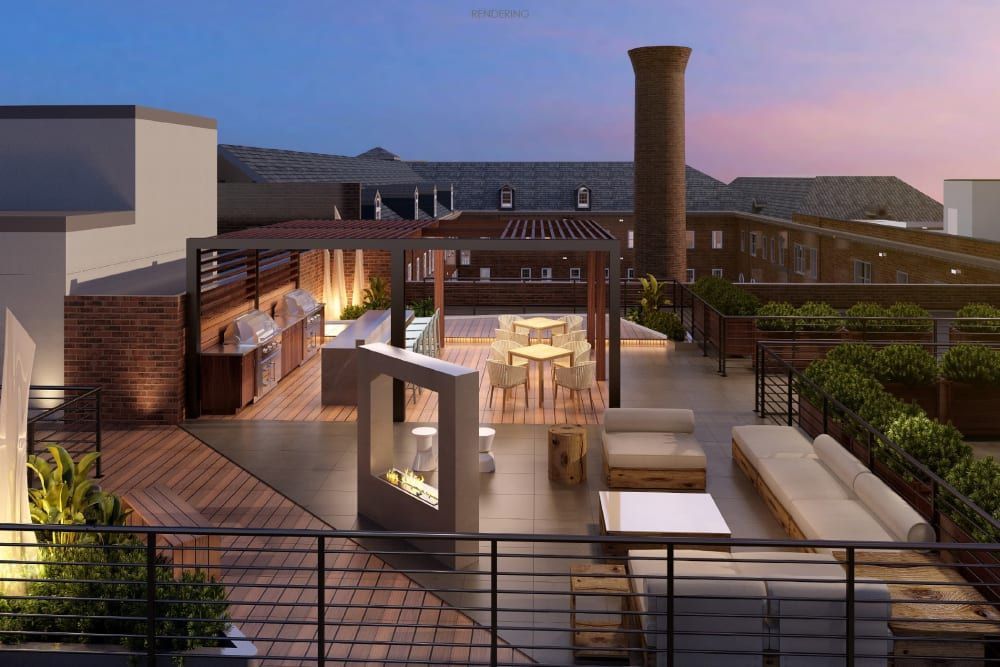 An artist 's impression of a rooftop terrace with a fireplace