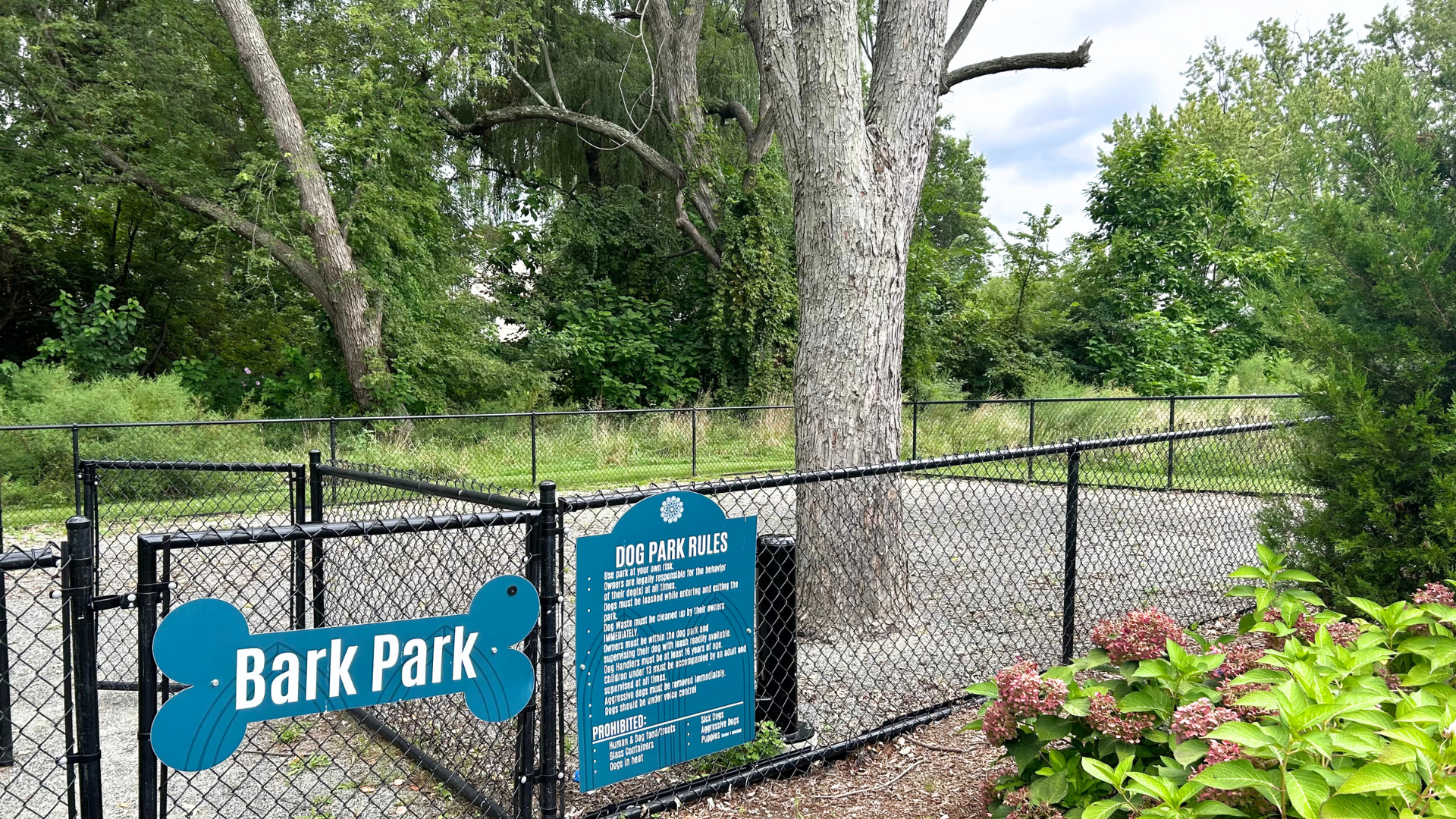 Outdoor dog park with luscious greenery and dual entry face
