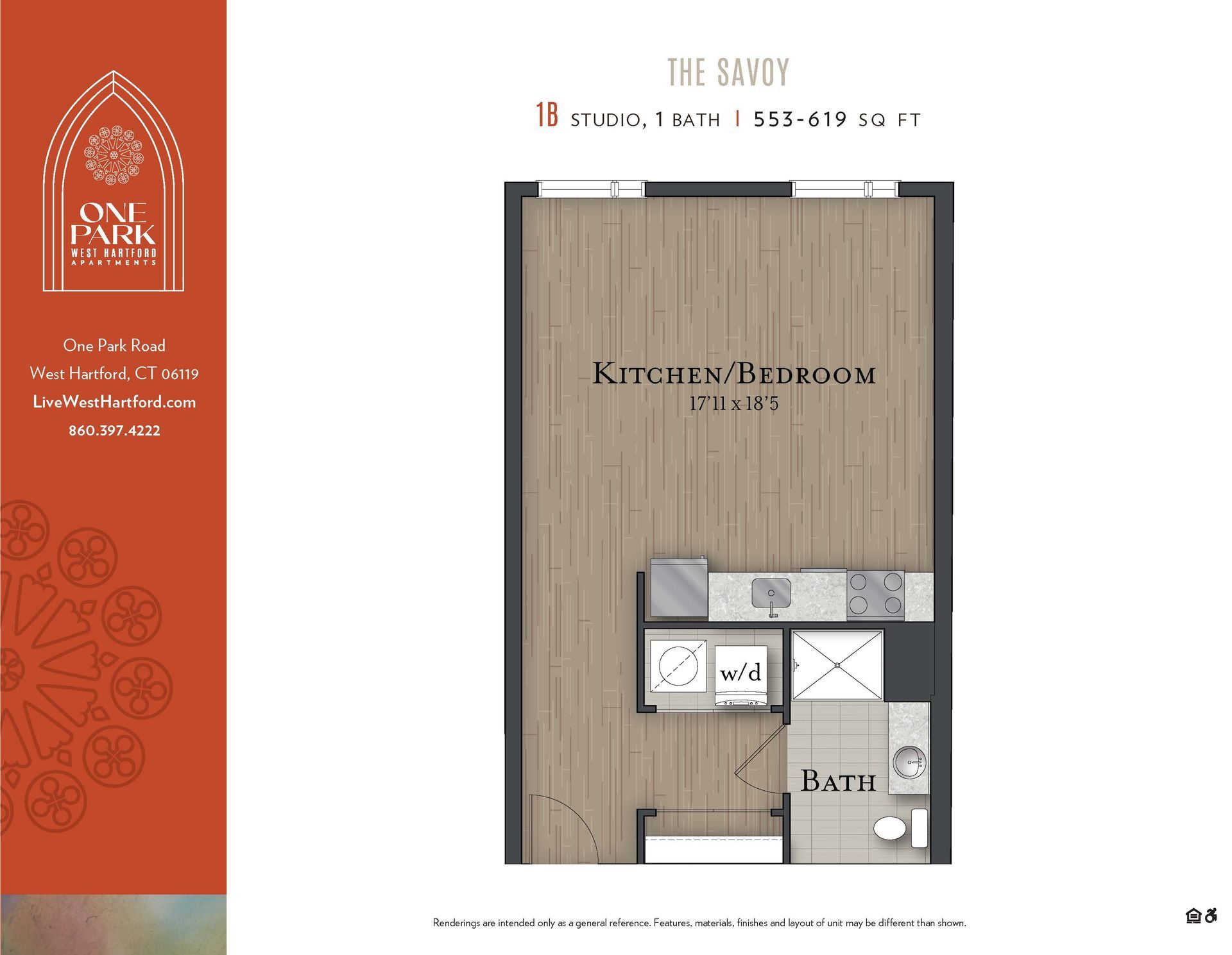 A floor plan of a small apartment with a kitchen and bedroom