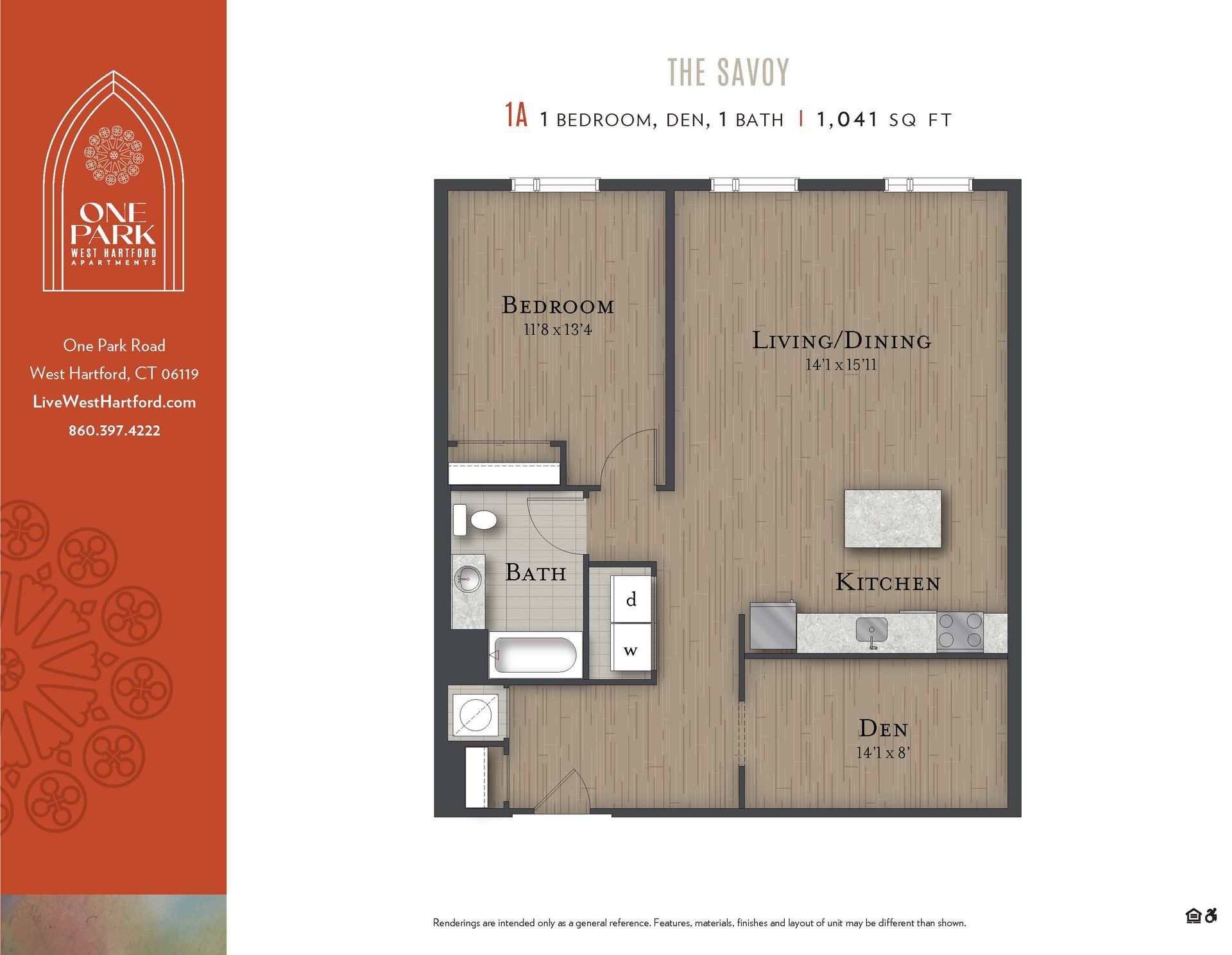 A floor plan for a one bedroom apartment called the savoy