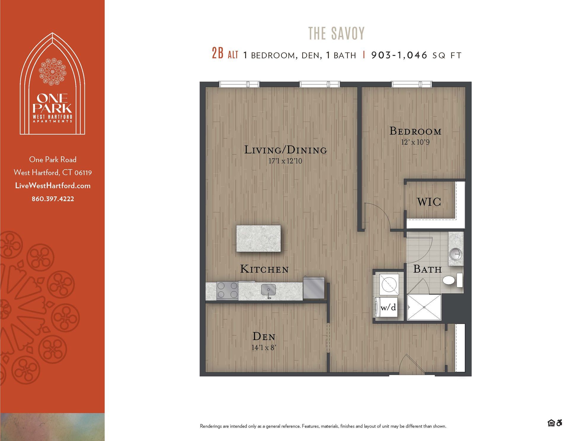 A floor plan for a one bedroom apartment called the savoy