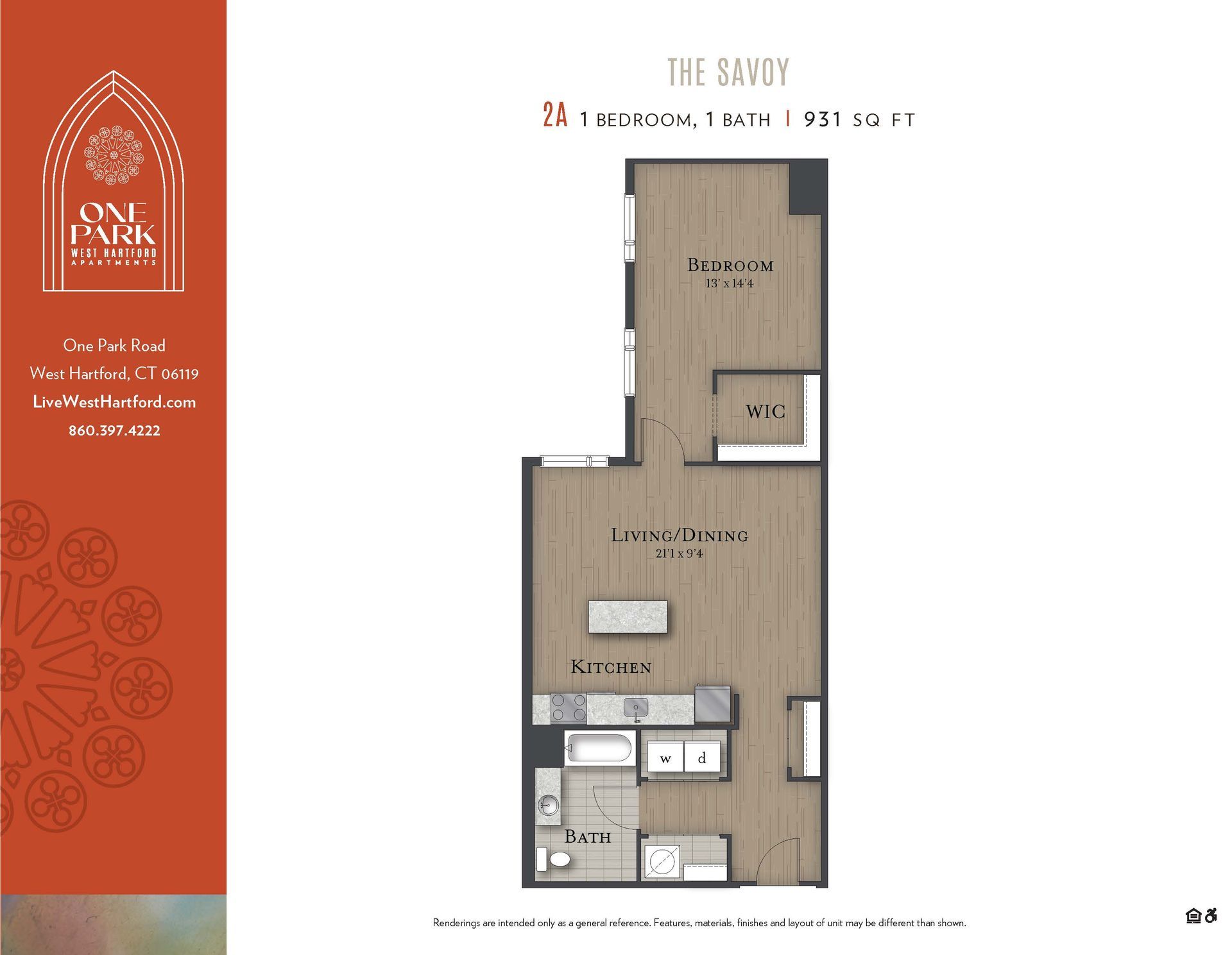 A floor plan for a one bedroom apartment called the savoy