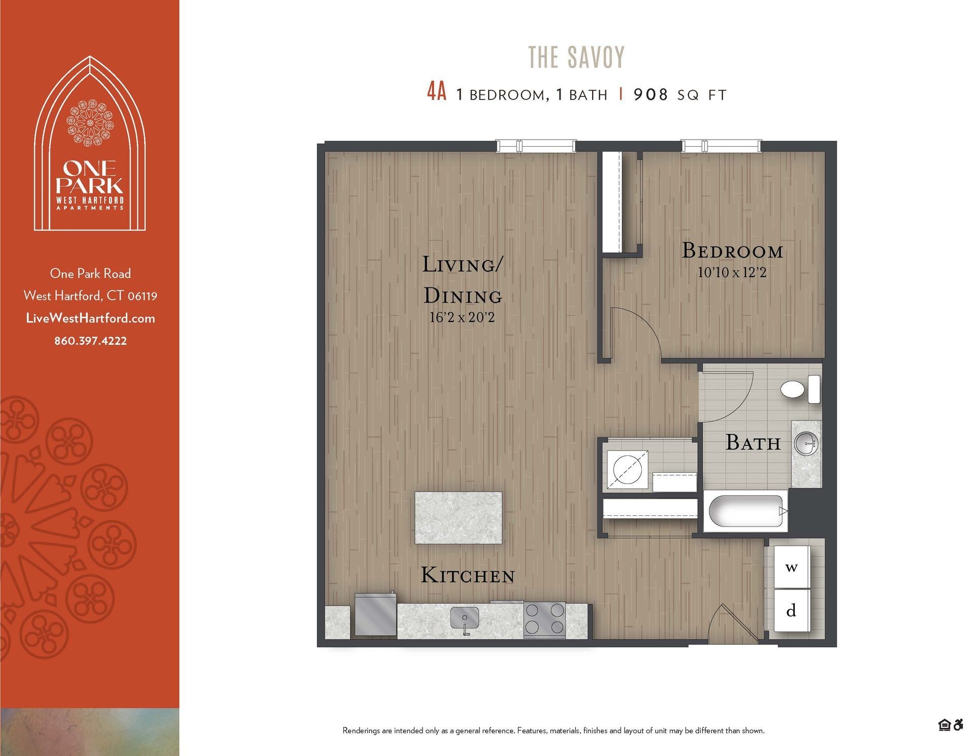 A floor plan for a one bedroom apartment called the bayou