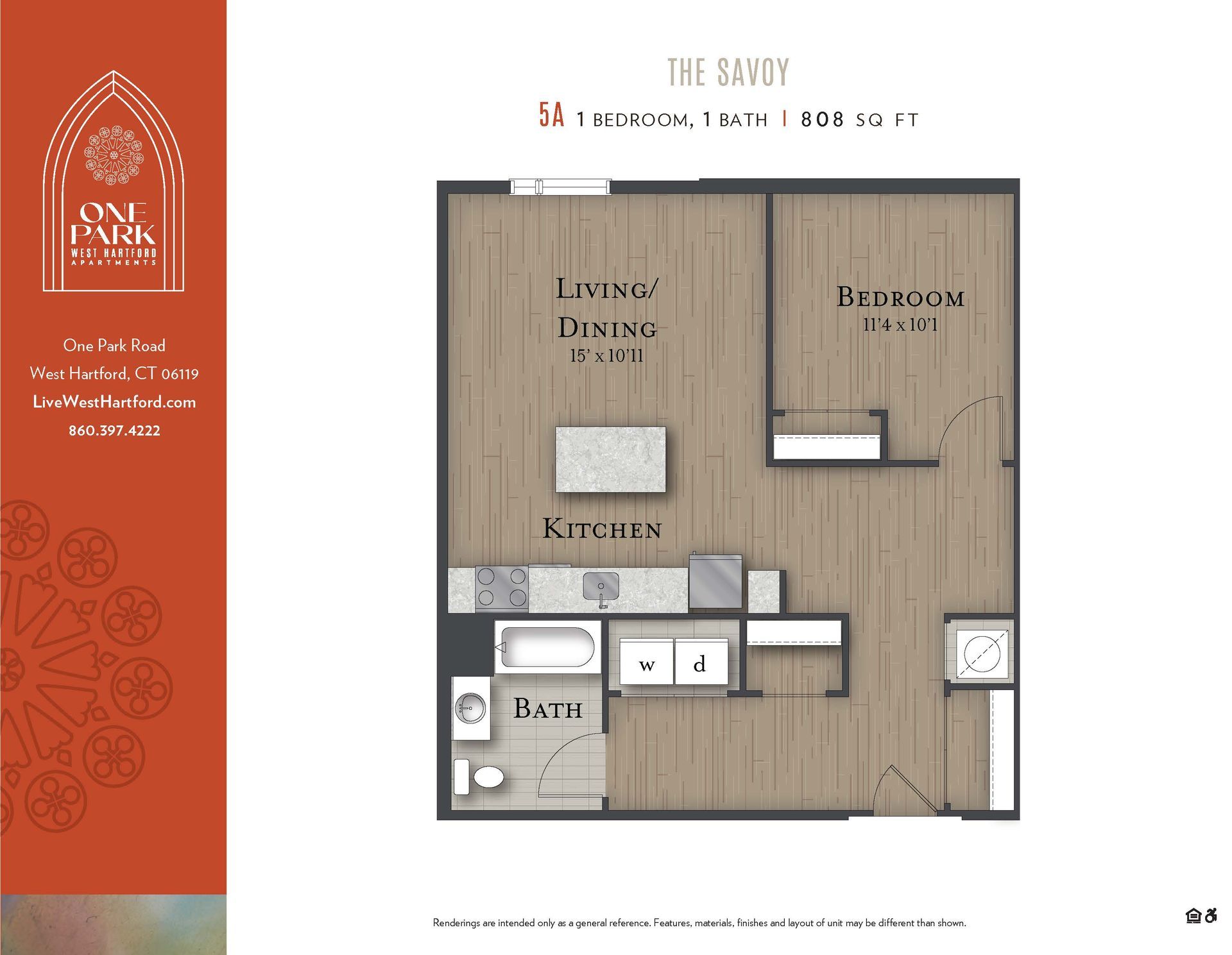 A floor plan for a one bedroom apartment called the bayou