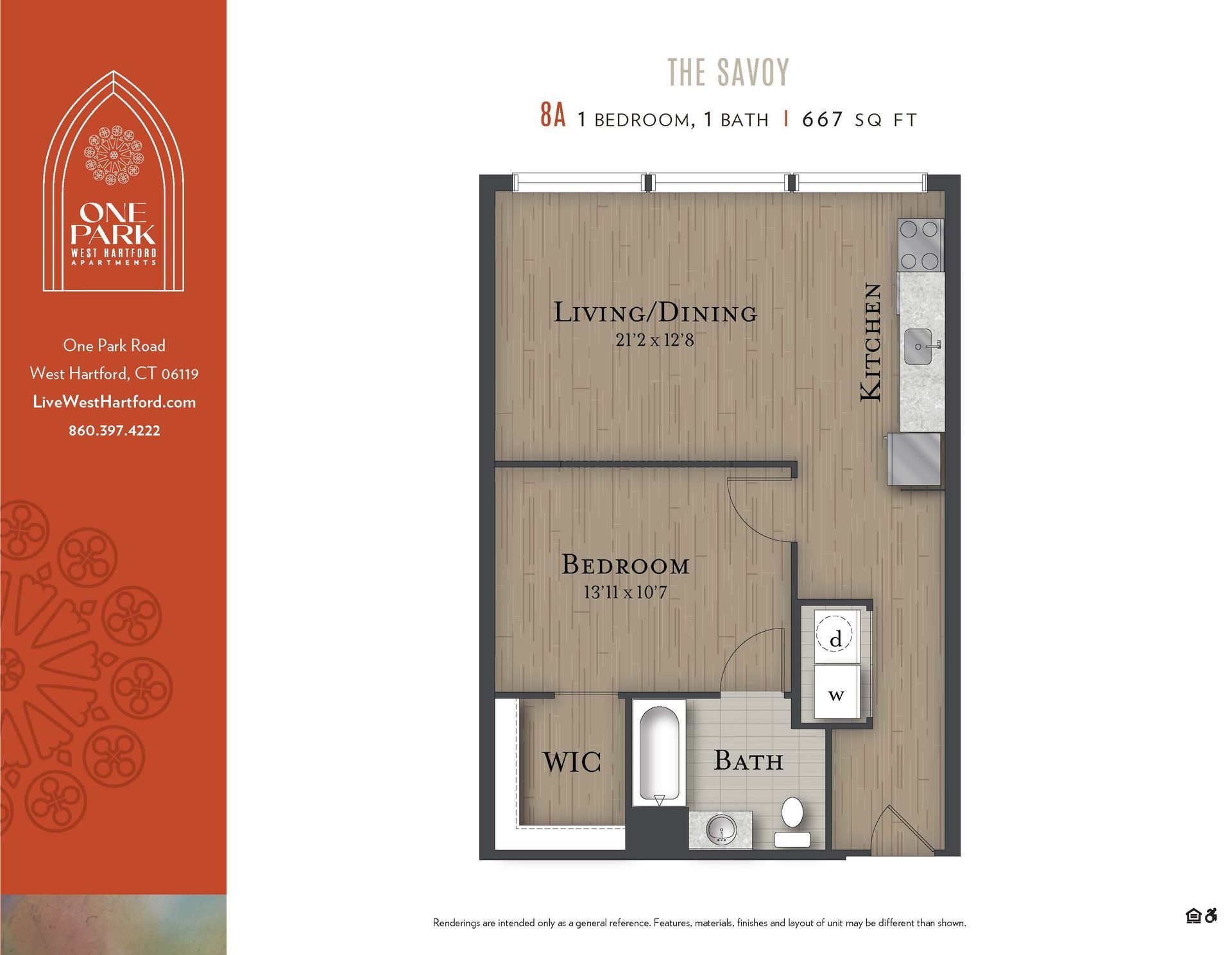 A floor plan for a one bedroom apartment called the savoy
