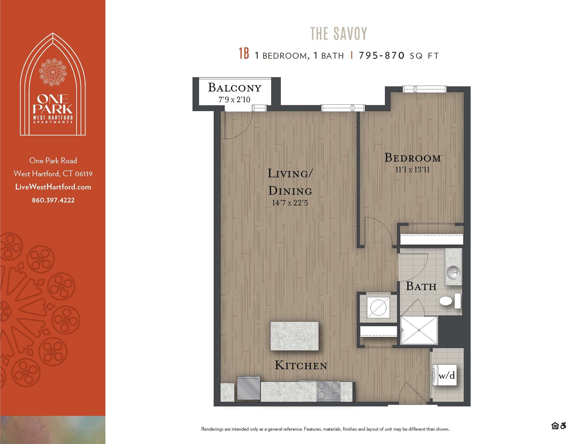 A floor plan for a one bedroom apartment with a balcony