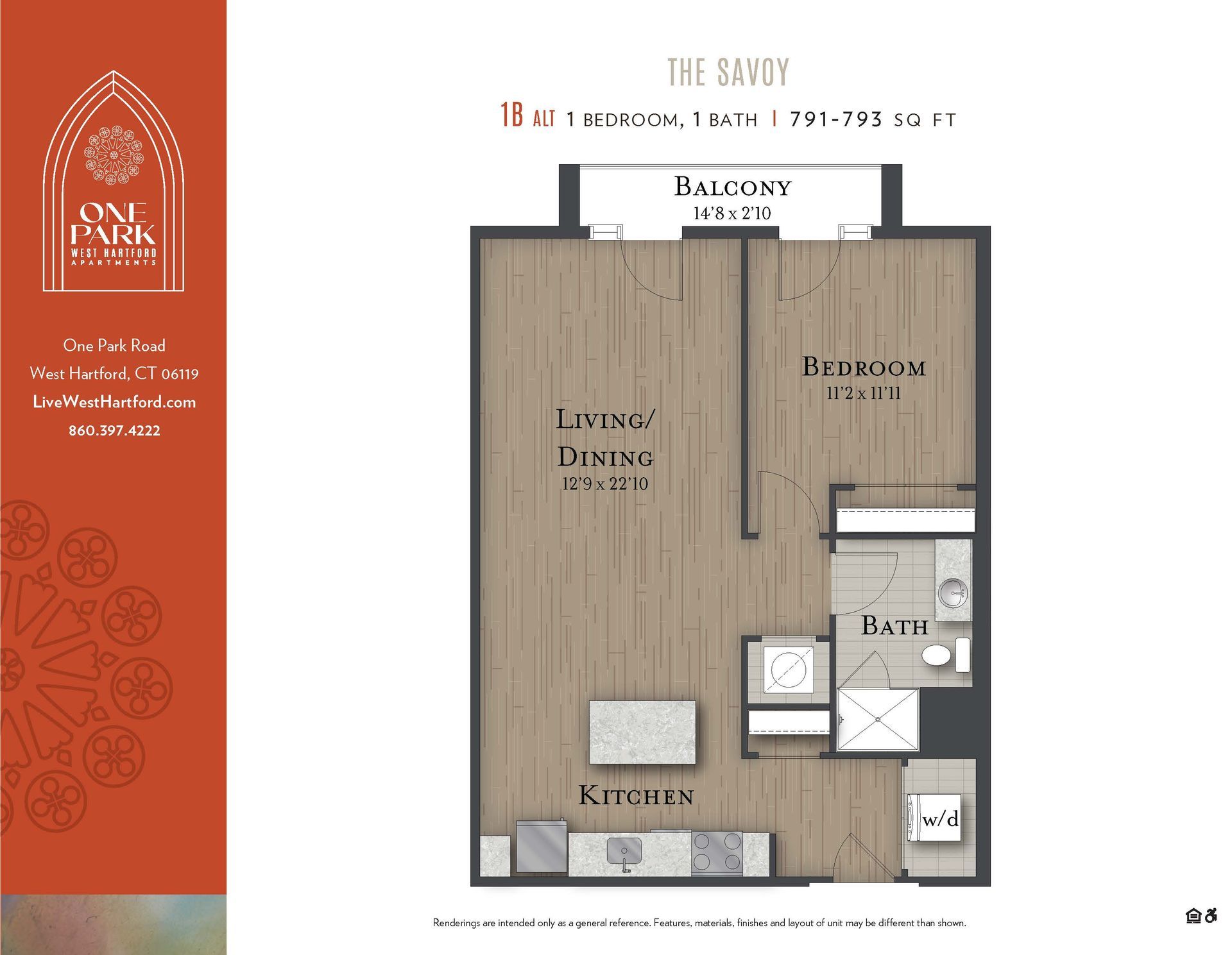 A floor plan for a one bedroom apartment called the balcony