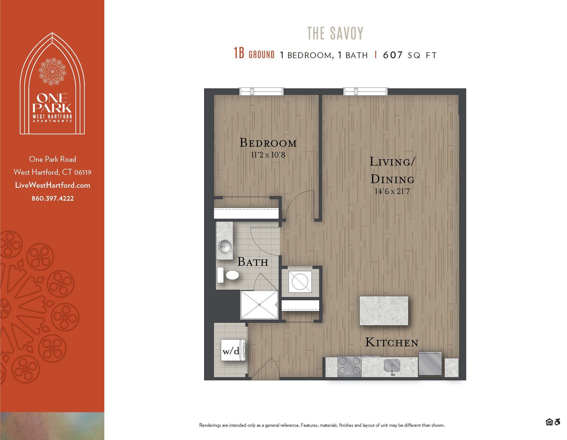 A floor plan for a one bedroom apartment called the savoy