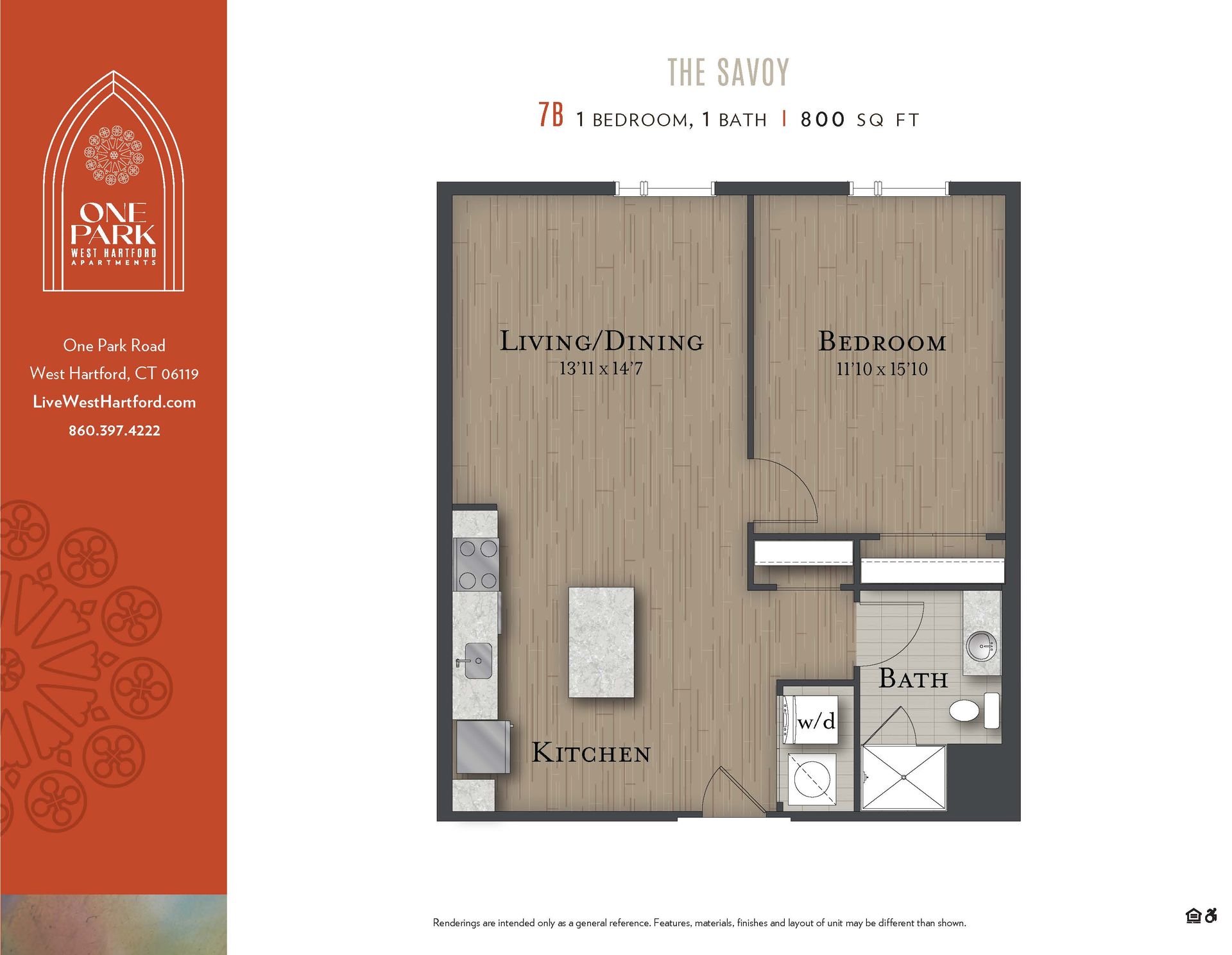 A floor plan of a one bedroom apartment called the savoy