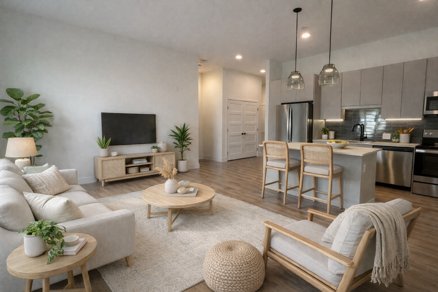 A living room filled with furniture and a fireplace.