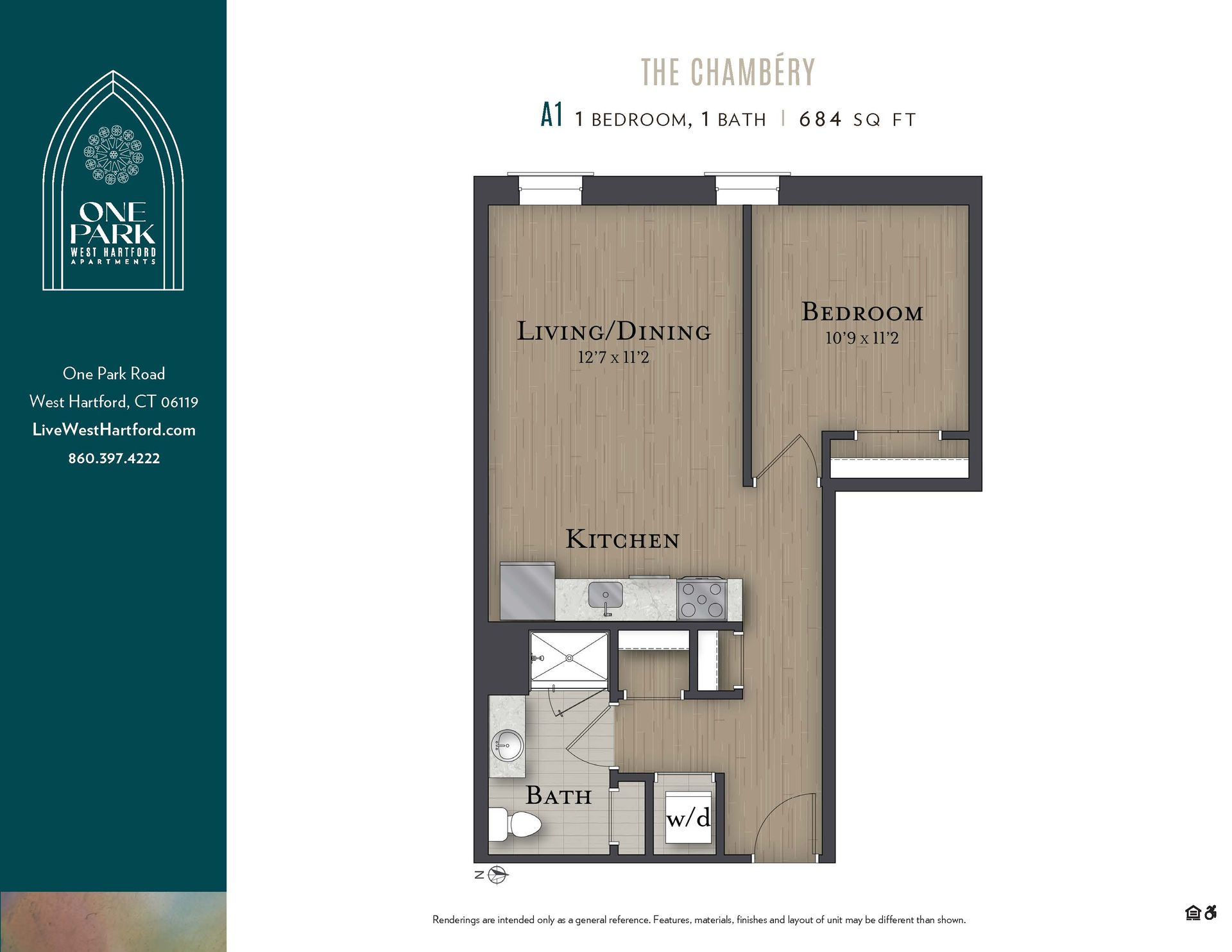 A floor plan for a small apartment called the chambers