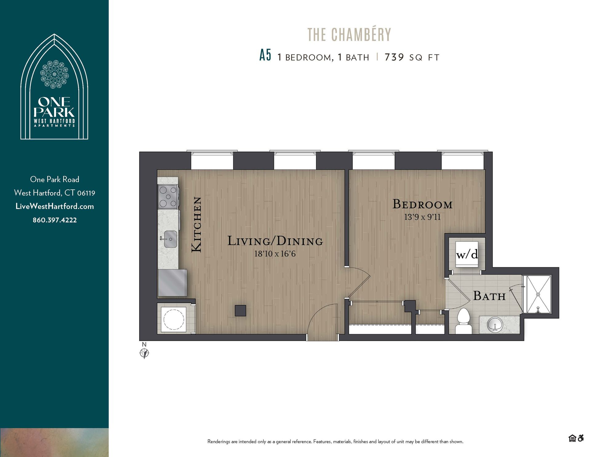 A floor plan of a small apartment called the chambers
