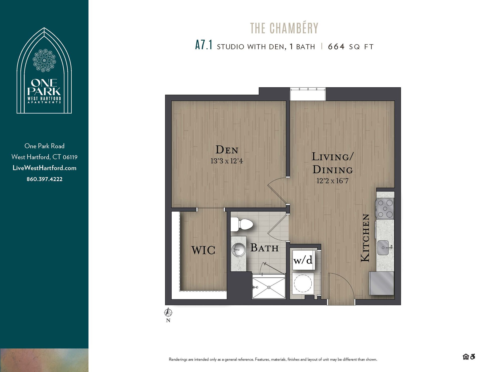 A floor plan of a small apartment called the chambers