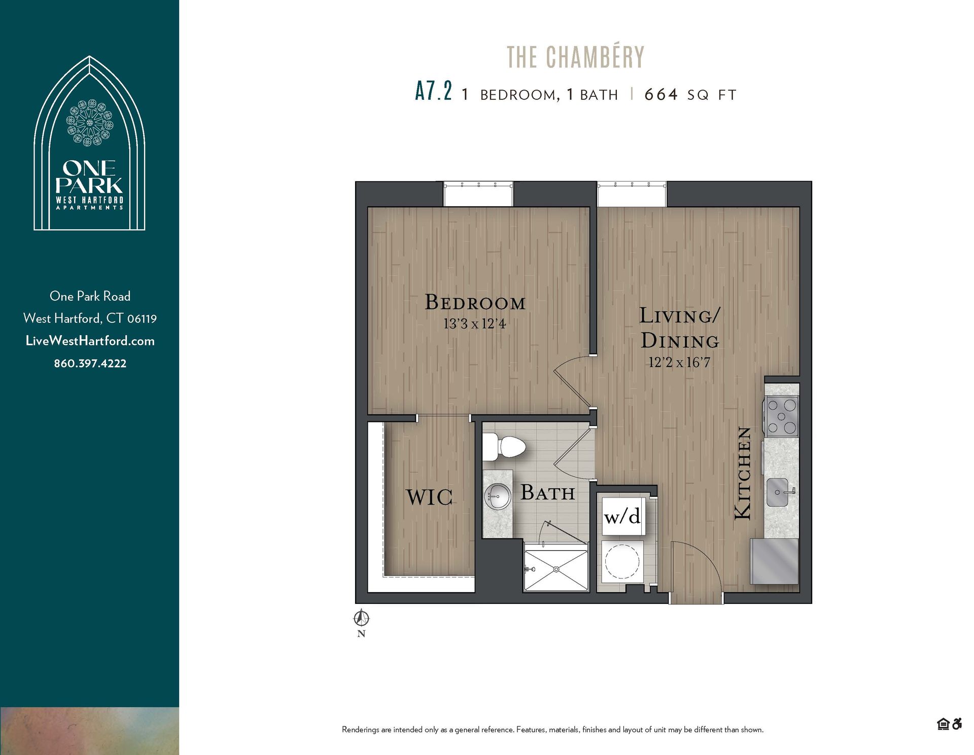 A floor plan of a one bedroom apartment in the chambers
