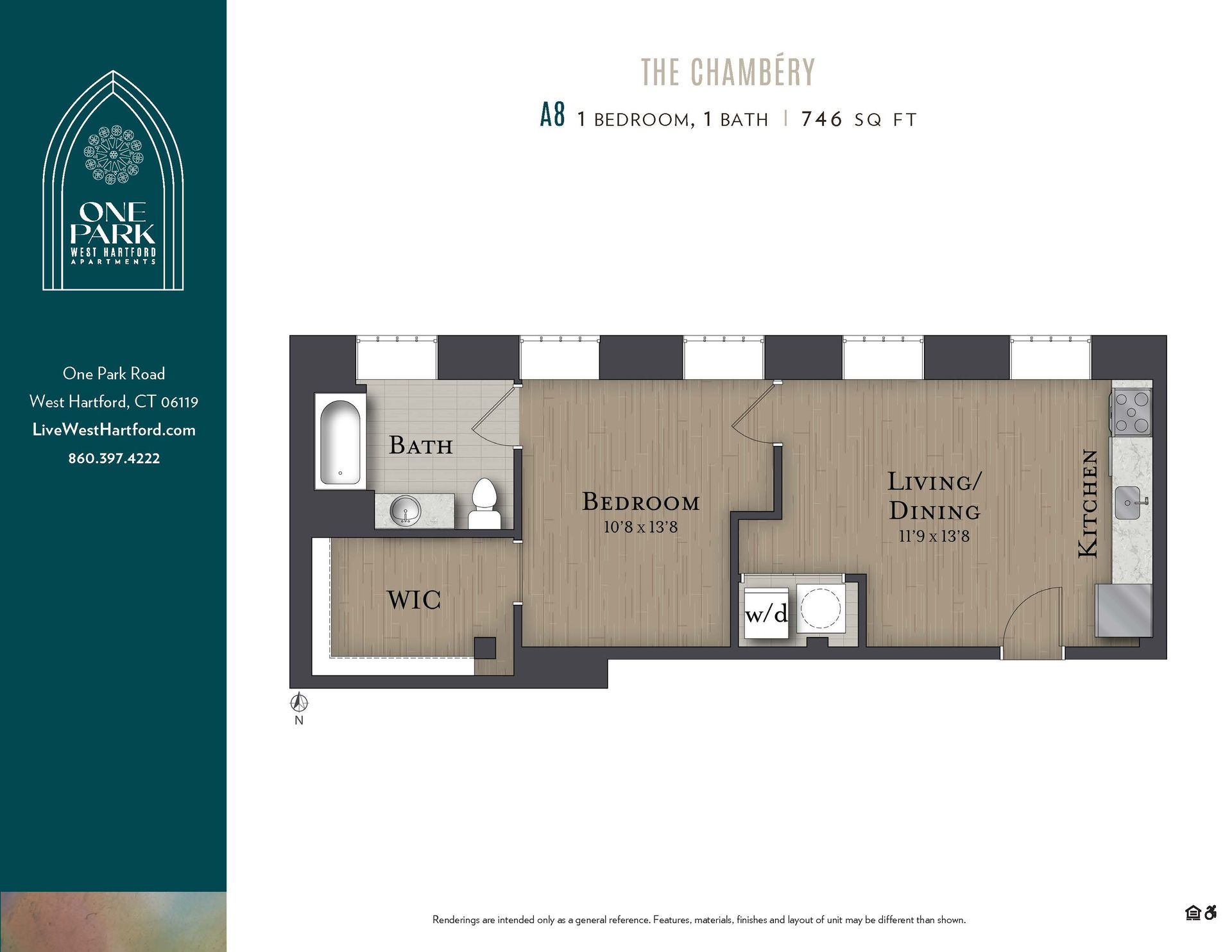 A floor plan of a small apartment called the chambers